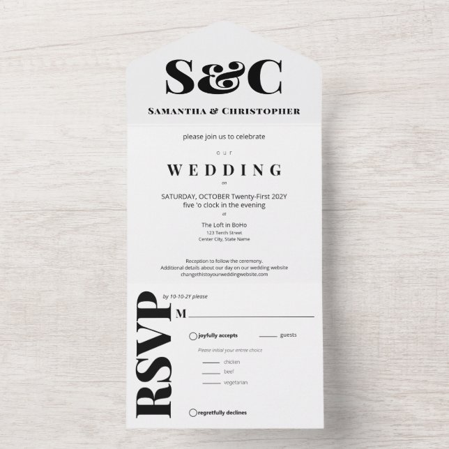 Saubere und feine Ampersandfarben, Schwarz und Wei All In One Einladung (Innen Boden)