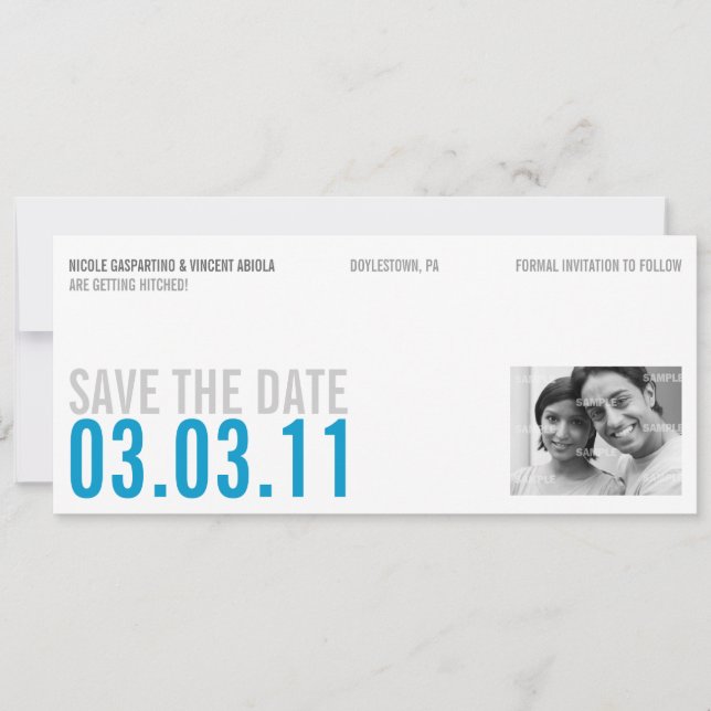 Sauberes blaues Foto Save the Date (Vorderseite)