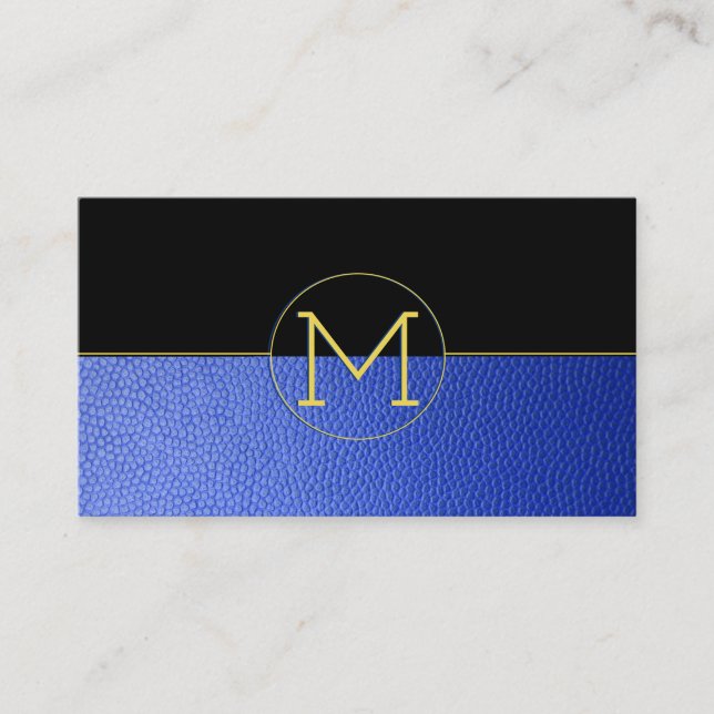 Sauberes, elegantes Monogramm blaues Imitat Leder  Visitenkarte (Vorderseite)