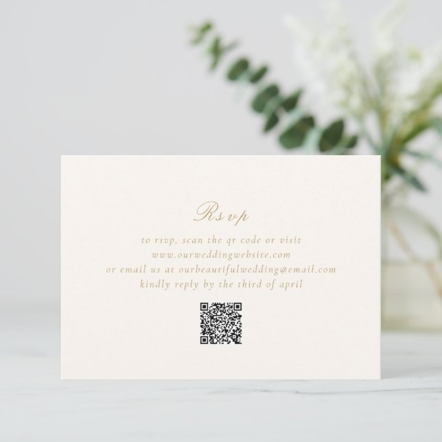 Sauberes Elfenbein und Gold QR Code Elegante Hochz RSVP Karte (Stehend Vorderseite)