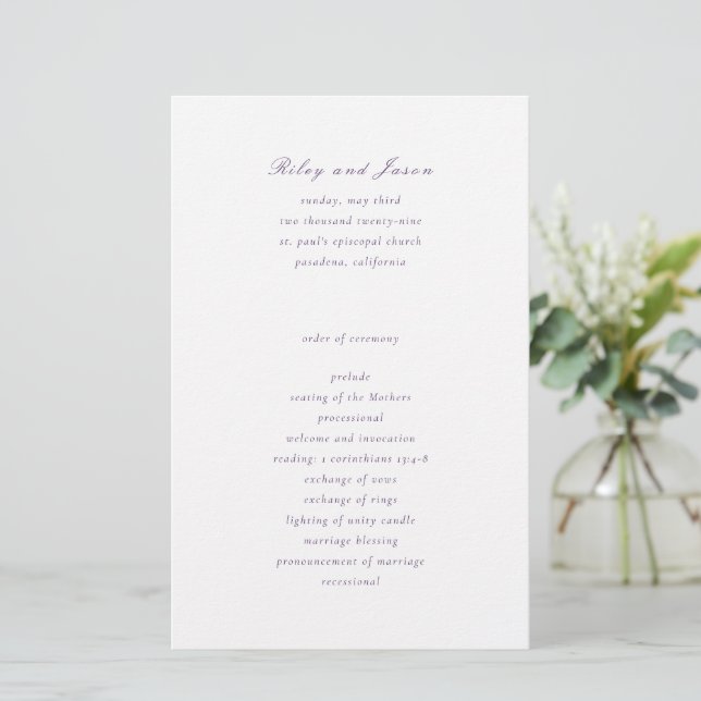 Sauberes Lila Hochzeitsprogramm (Stehend Vorderseite)