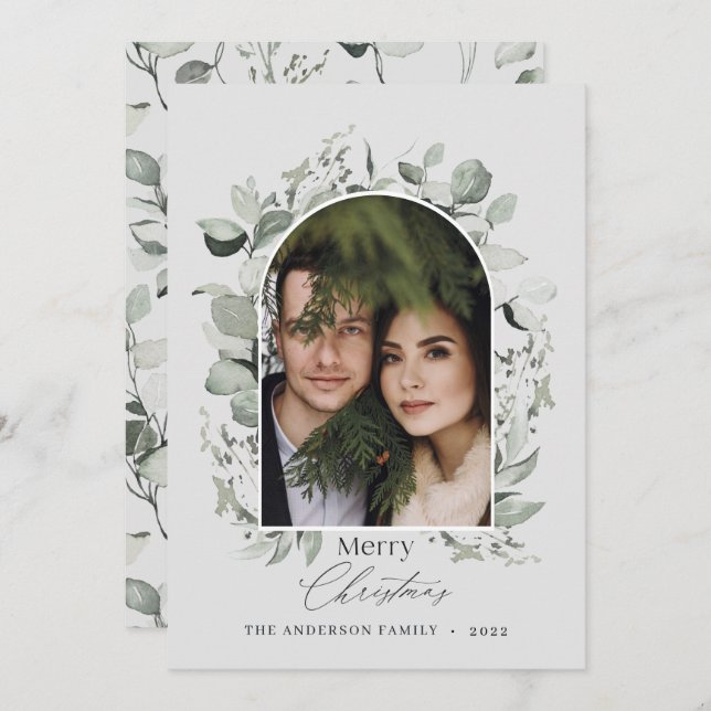 Sauberes, modernes botanisches graues Foto Feiertagskarte (Vorne/Hinten)