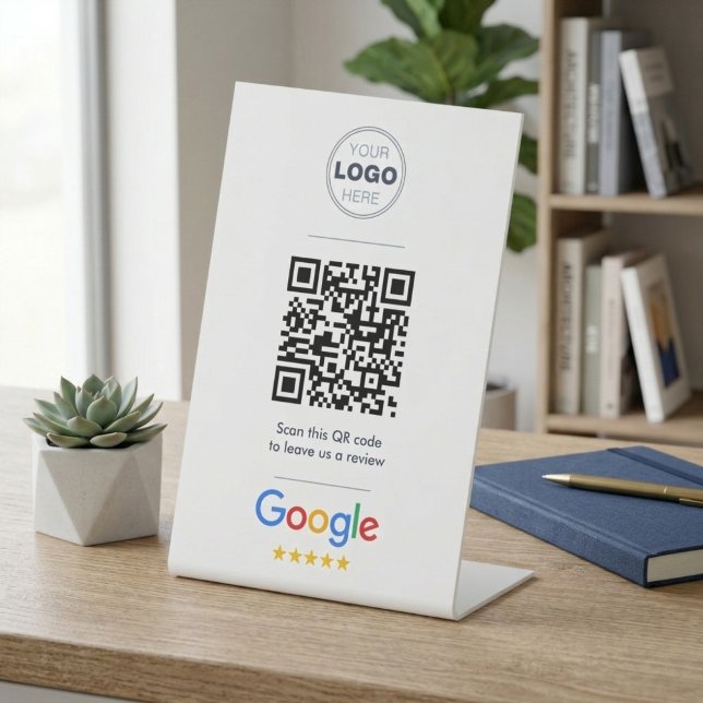 Sauberes Professionelles Google Bewertungs-QR-Code Sockelschild (Minimalist Google Review QR Code Sign – Custom Logo Desk Display for Business)