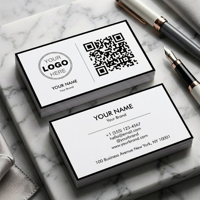 Sauberes Schwarz Weiß Minimalistisches QR-Code-Log Visitenkarte (Modern Minimalist Black & White QR Code Business Card)