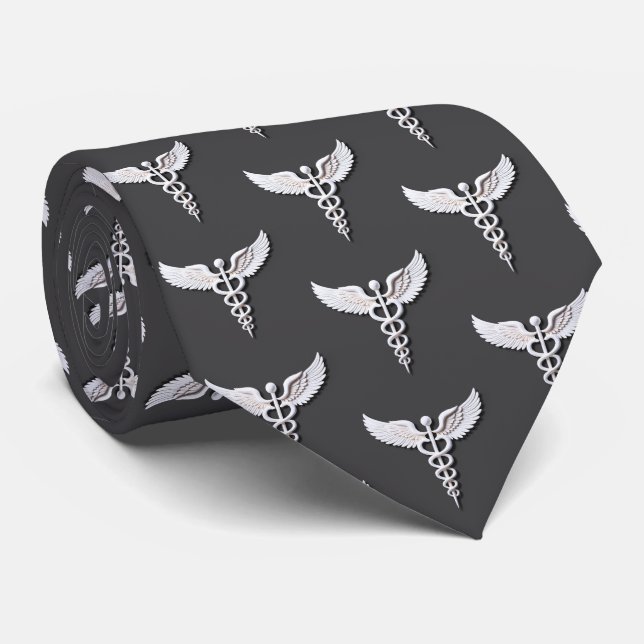 Sauberes weißes, detailliertes Caduceus medizinisc Krawatte (Gerollt)