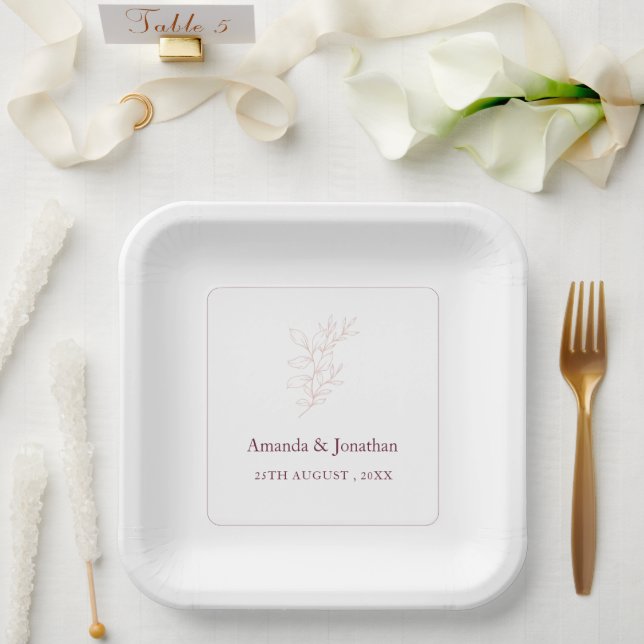 Sauberes weißes und rosa einfaches Leaf | Moderne  Pappteller (Hochzeit)