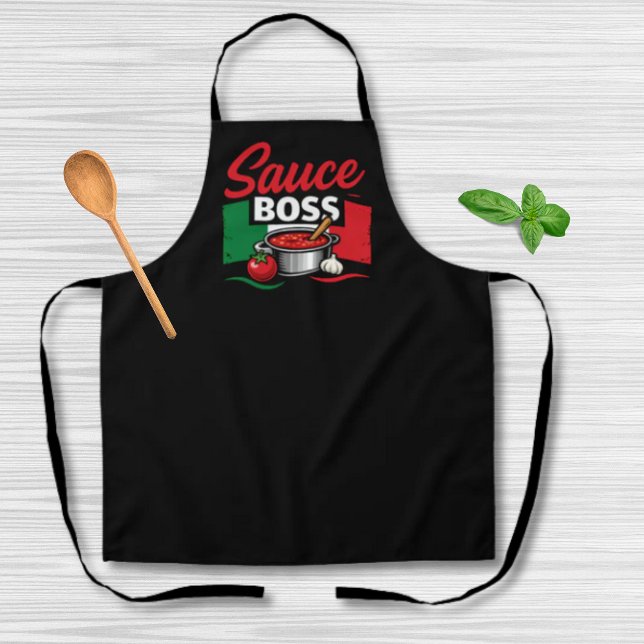 Sauce Boss - Funny Italian Black Schürze (Sauce Boss Funny Italian Black Apron with Italian Flag and illustration of sauce pot, tomato garlic)