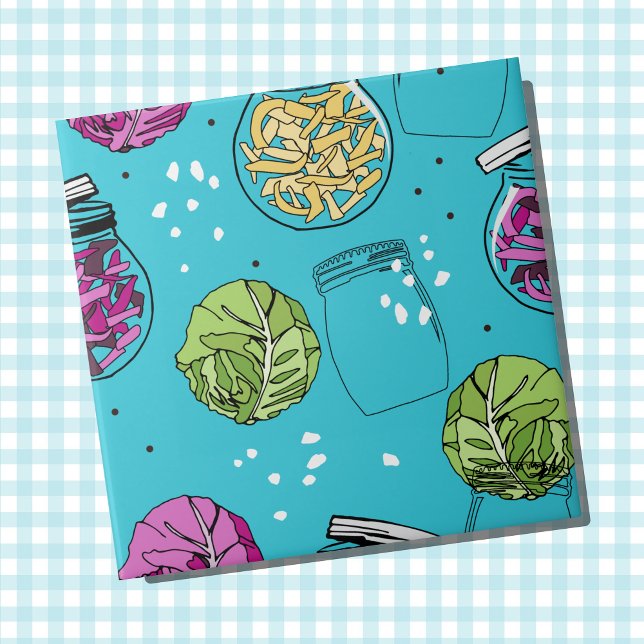 Sauerkraut Cabbage Fermenting Illustration Fliese (Sauerkraut ingredients patterned wall tile)