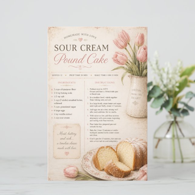 Sauerrahm-Pfundkuchen-Rezept, rosa Tulpen rustikal (Stehend Vorderseite)