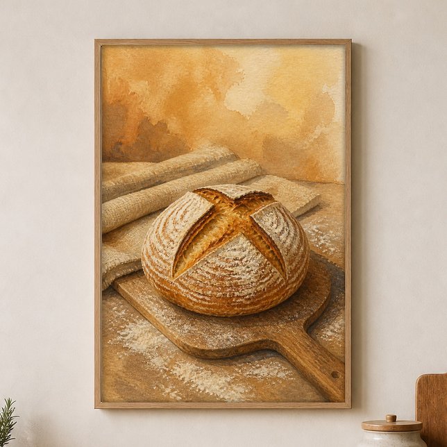 Sauerteigboule auf einer Schießer Wasserfarbenpost Poster (Shown framed for scale. Poster ships unframed; frames are an optional add-on.)