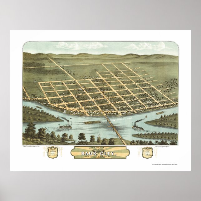 Sauk City, WI Panorama Karte - 1870 Poster (Vorne)