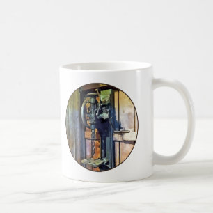 Säulenbohrmaschine in der Werkstatt Kaffeetasse