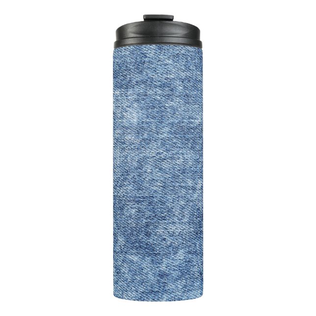 Säure waschen blaue Denim, nah-up Textur. Thermosbecher (Vorderseite)