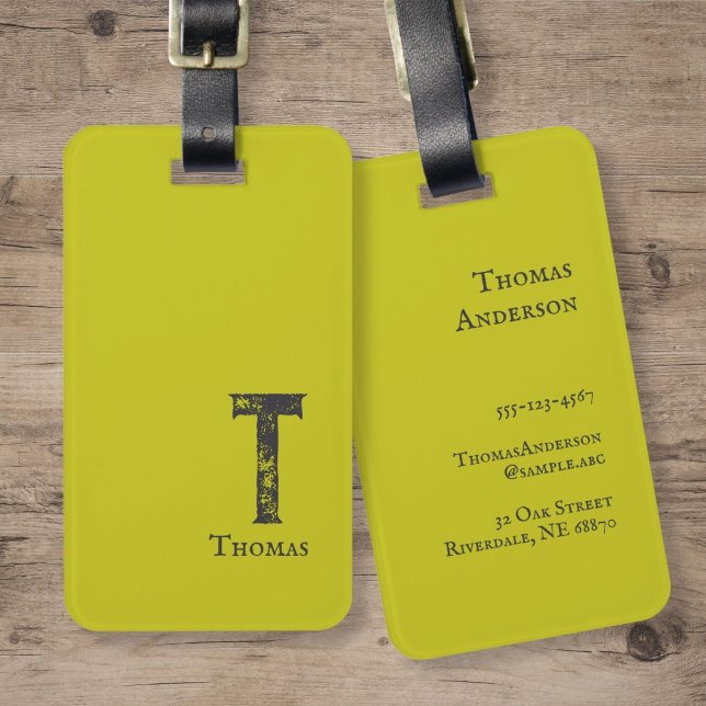 Säuregrüne Einfarbe graue Initialen und Name Gepäckanhänger (Von Creator hochgeladen)