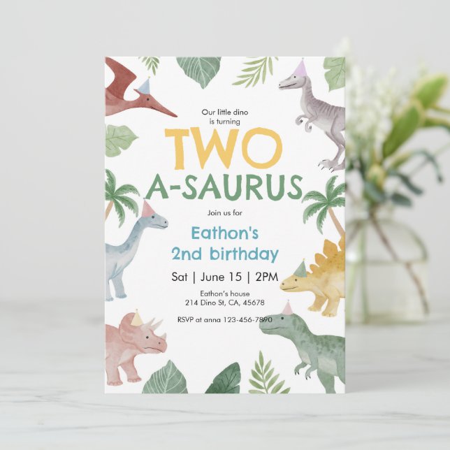 Saurus Dinosaur Birthday Invitation Einladung (Stehend Vorderseite)