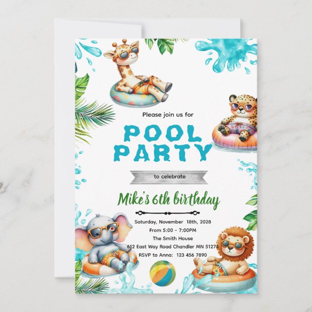 Savanna Animals Pool Party Birthday Invitation Einladung (Vorderseite)