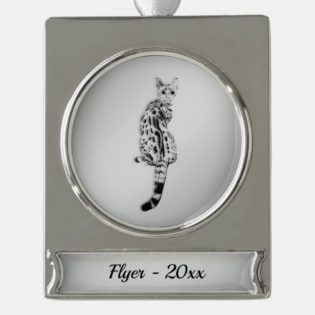 Savannah Cat Silbername und Jahr Banner-Ornament Silber (Vorderseite)