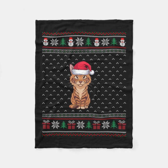 Savannah Cat Wearing Weihnachtsmannmütze Ugly Xmas Fleecedecke (Vorderseite)