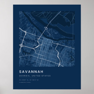 Savannah GA Marineblaue Stadtplan-Kunst drucken Poster