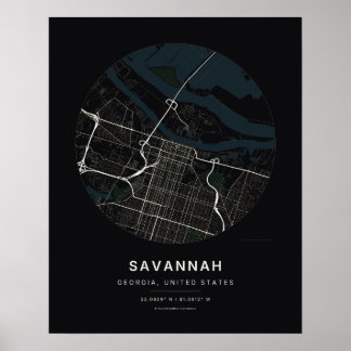 Savannah GA Schwarze Stadtplan-Kunstprint Poster
