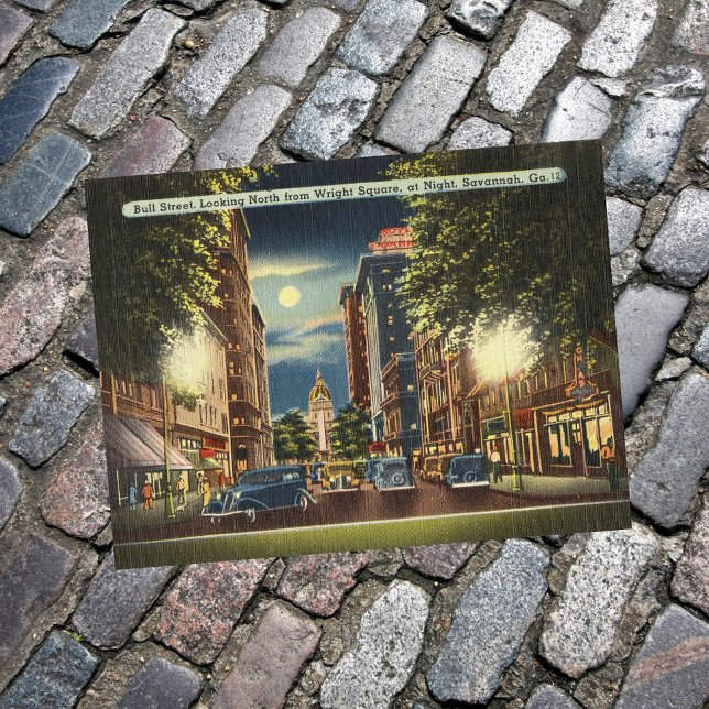 Savannah GA Street Night Vintag Illustration Postkarte (Von Creator hochgeladen)