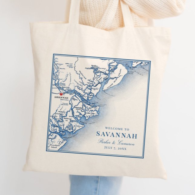 Savannah Georgia Karte Elegant Navy Blue Wedding Tragetasche (Elegant Savannah Georgia Custom Wedding Tote Bag with personalized navy blue map)