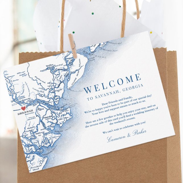 Savannah Georgia Marine Hochzeit Willkommensreise Dankeskarte (Elegant Savannah Georgia Welcome Letter wedding itinerary thank you card in navy blue )
