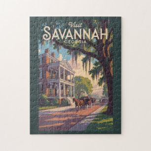 Savannah Georgia Pferdekutschen Illustration Retro Puzzle
