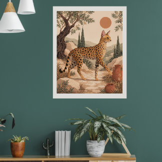 Savannah-Katze Mittelmeer Boho Oliven Wandkunst Poster