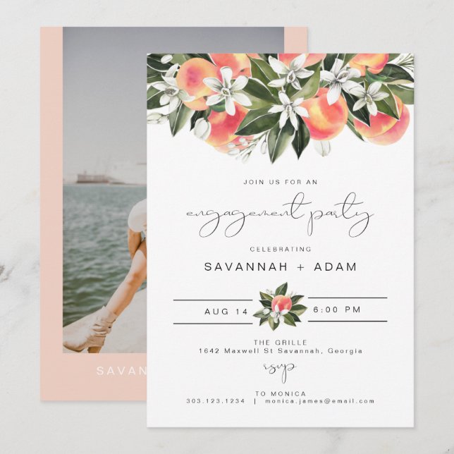 SAVANNAH Peach Botanical Floral Engagement Party Einladung (Vorne/Hinten)