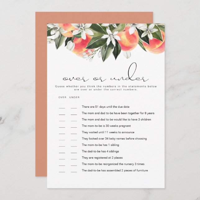 SAVANNAH Peach over under Baby Dusche Game Card Einladung (Vorne/Hinten)