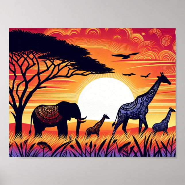 Savannah Silhouetten: Ein Sonnenuntergang Poster (Vorne)