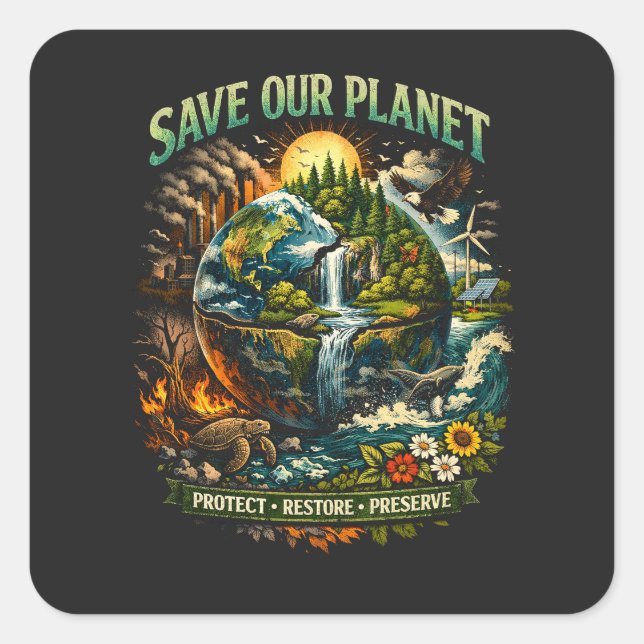 Save Our Planet Quadratischer Aufkleber (Vorderseite)