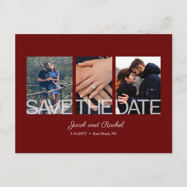 Save the Date 3-Foto Collage Burgundy Red Wedding Postkarte (Vorderseite)
