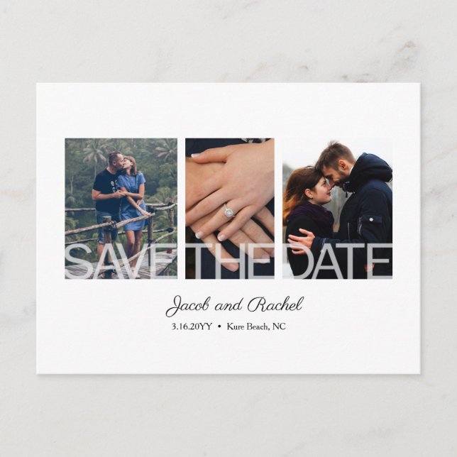 Save the Date 3-Foto Collage Einfache White Weddin Postkarte (Vorderseite)