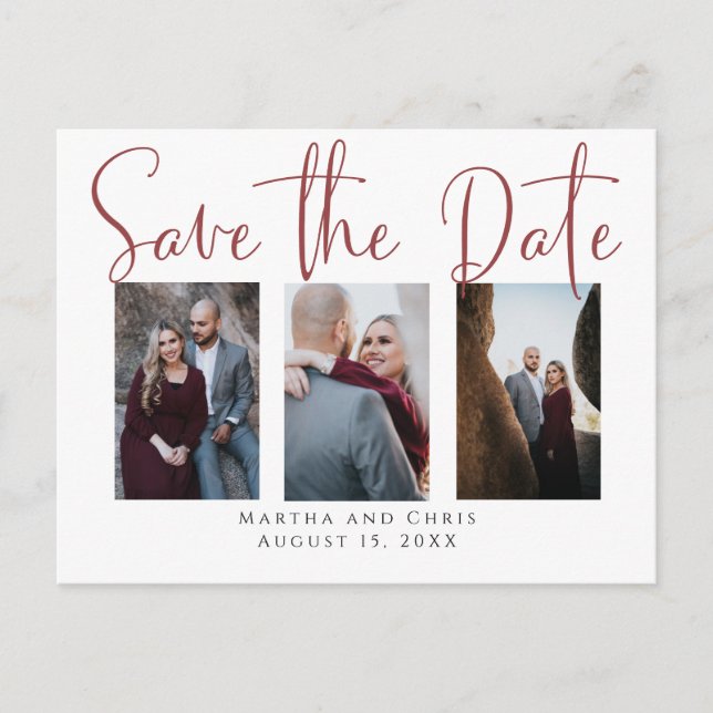 Save the Date 3 Foto Rose Gold Modern Script Ankündigungspostkarte (Vorderseite)