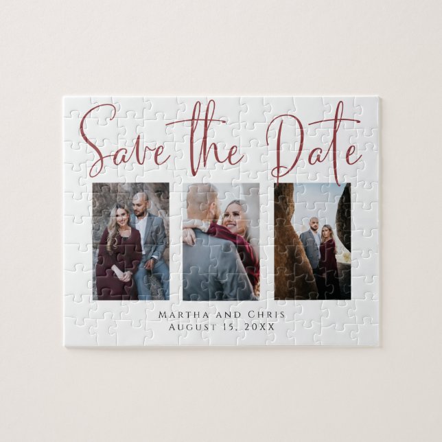 Save the Date 3 Foto Rose Gold Modern Script Puzzle (Horizontal)