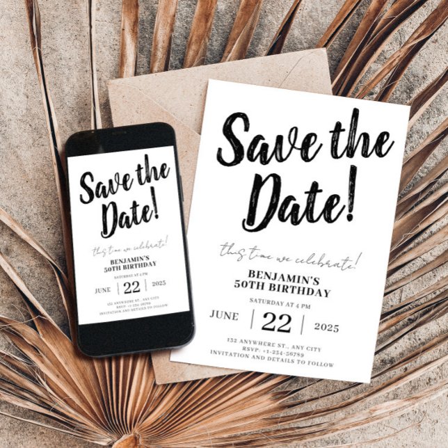Save the Date 50. Geburtstag Einladung (Save The Date Birthday 50th,Modern Invitation,Unique Minimalist Editable Bday,Black and White Invite)