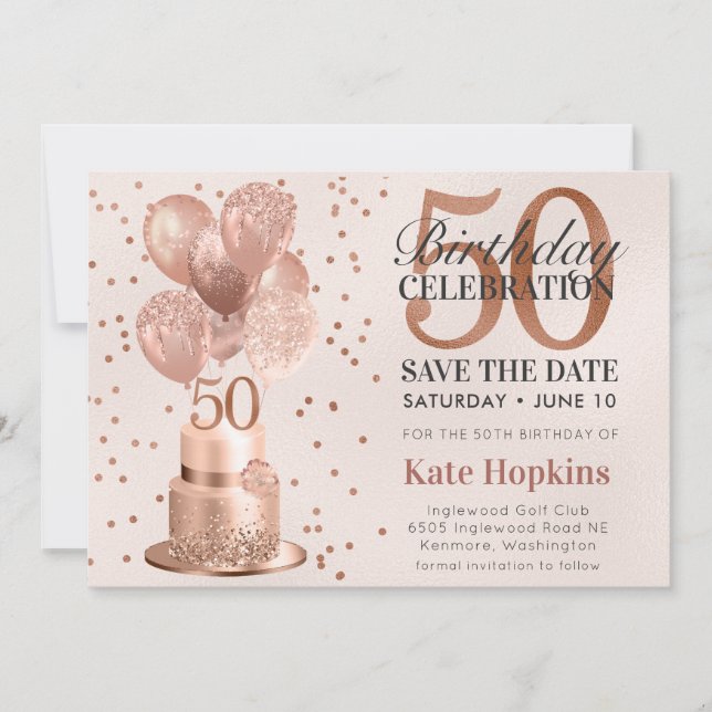 Save The Date 50. Geburtstag Rose Gold Torte (Vorderseite)