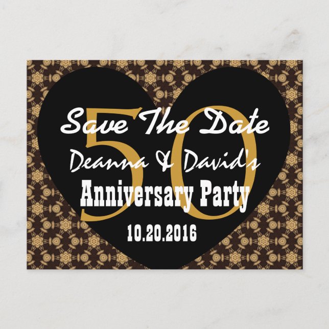 Save the Date 50-jähriges GOLD BLACK Heart V1 Ankündigungspostkarte (Vorderseite)