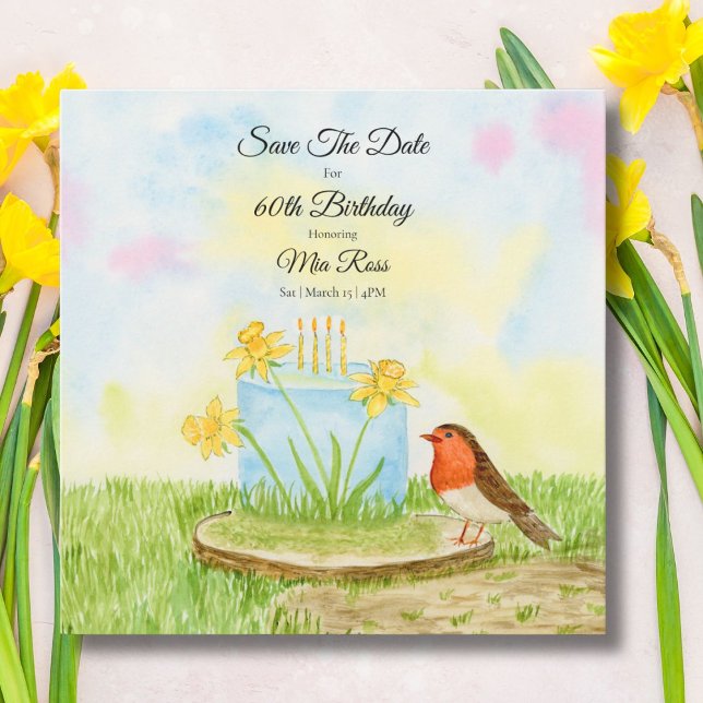 Save The Date 60th Birthday Robin Daffodil Cake (Von Creator hochgeladen)