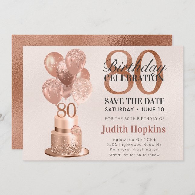 Save the Date 80. Geburtstag Rose Gold Cake (Vorne/Hinten)