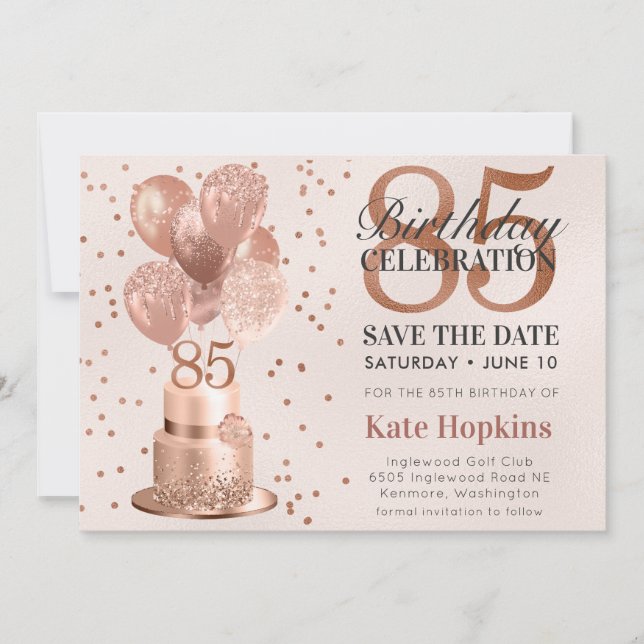 Save the Date 85. Geburtstag Rose Gold Cake (Vorderseite)