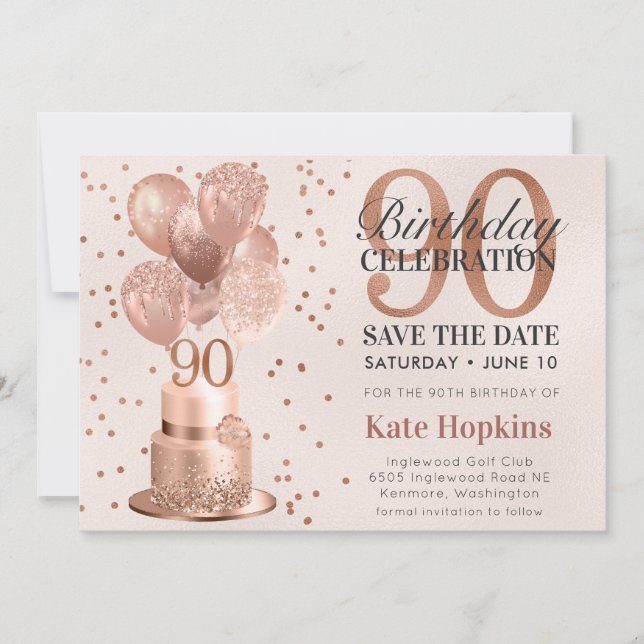 Save the Date 90. Geburtstag Rose Gold Cake (Vorderseite)