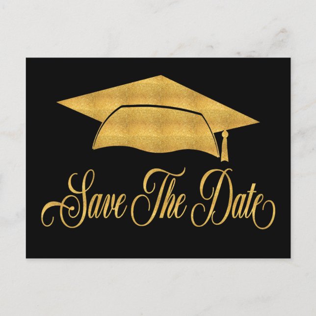 Save the Date Abschluss - Imitate Gold Grad Cap Ankündigungspostkarte (Vorderseite)