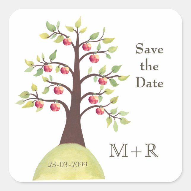 Save the Date Apple Tree Monogram Square Sticker (Vorderseite)