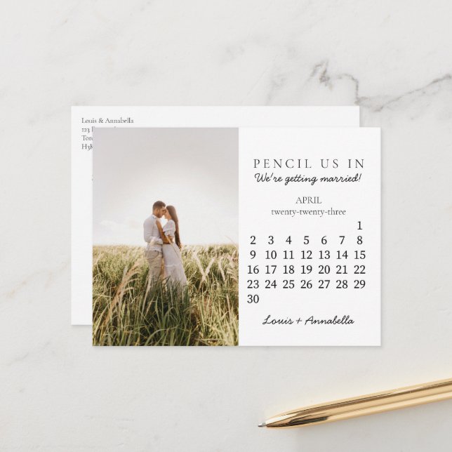 Save the Date. April 2023 Monatlicher Kalender Postkarte (Vorderseite/Rückseite Beispiel)