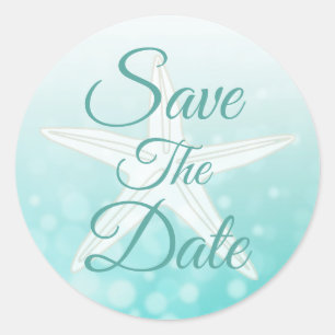 Save the Date Aquamarine Blasen StarfishWedding St Runder Aufkleber