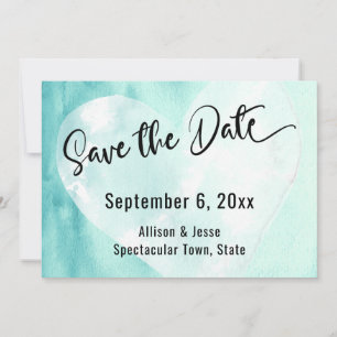 Save the Date Aquamarine White Watercolor Herzkart