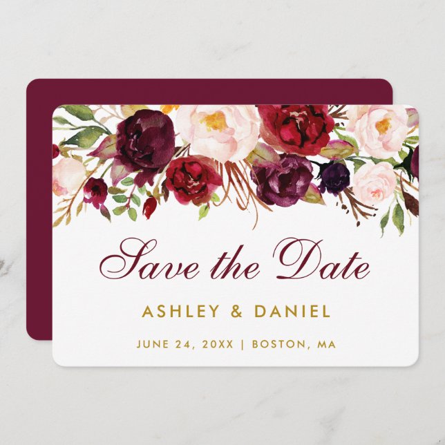 Save the Date Aquarell Floral Burgundy Gold BB (Vorne/Hinten)